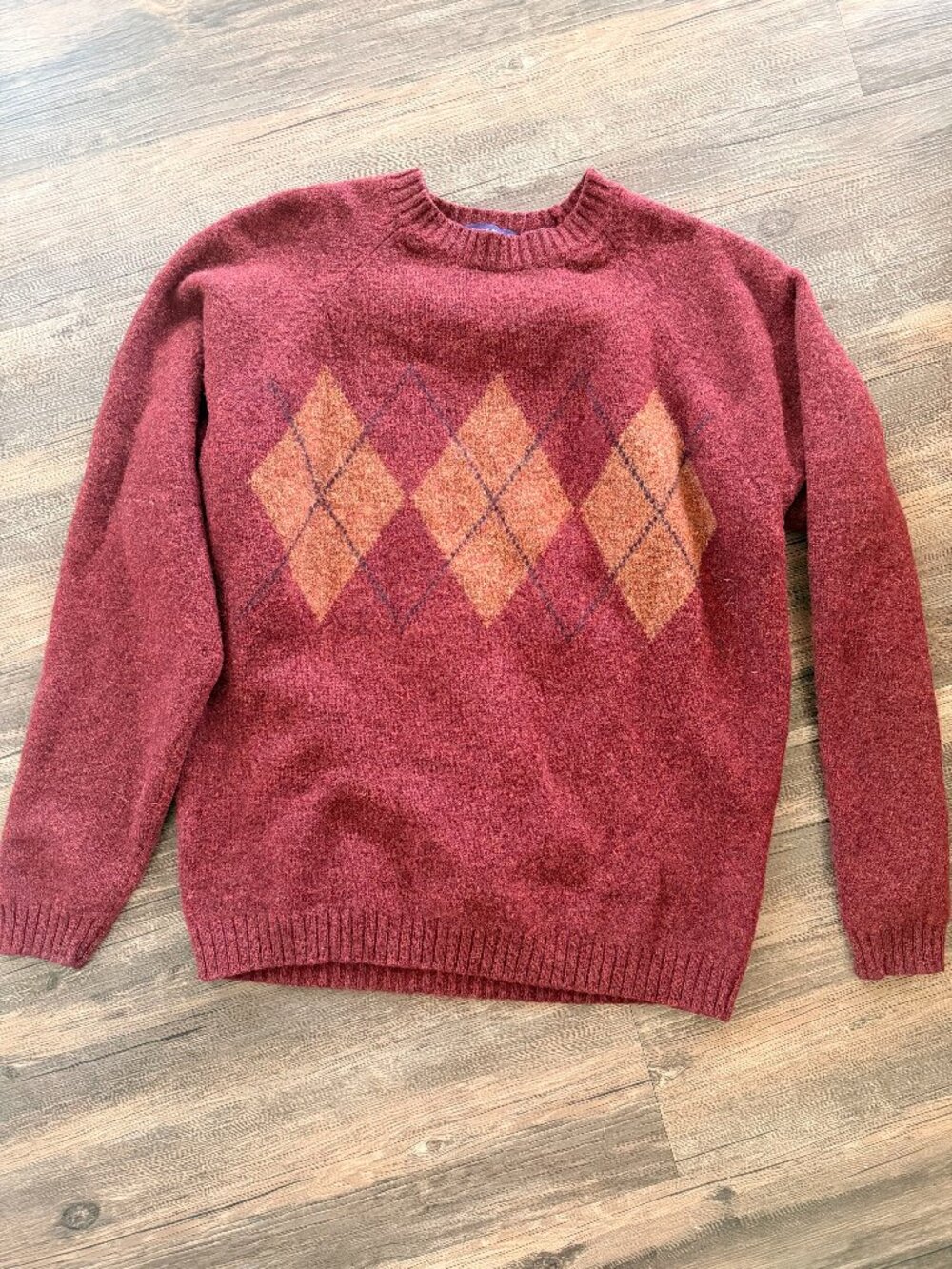 Woolmark - 100% new wool, Burgundy Brown Argyle Wool Sweater - Sz M